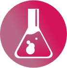 Vital Red LIght. Red Light Therapy. White laboratory flask with bubbles inside on a pink circular background.
